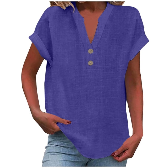 Timegard Hauts Grande Taille pour Femmes Coton Lin Col en V à Boutons T-Shirt à Manches Courtes Décontracté Ample Chemises Hauts