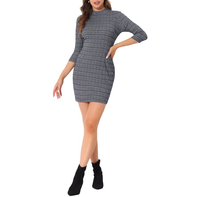 INSPIRE CHIC Robe Vintage à Manches 3/4 Col Montant à Carreaux pour Femmes m Bleu Profond