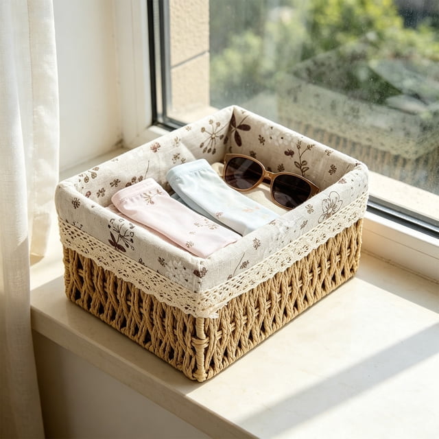 thefmos Small Woven Storage Basket, Rectangular Decorative Rattan Organizer Bin, Plastic Sundries CosmeticToyContainer for Home Bathroom Bedroom Kitchen Office