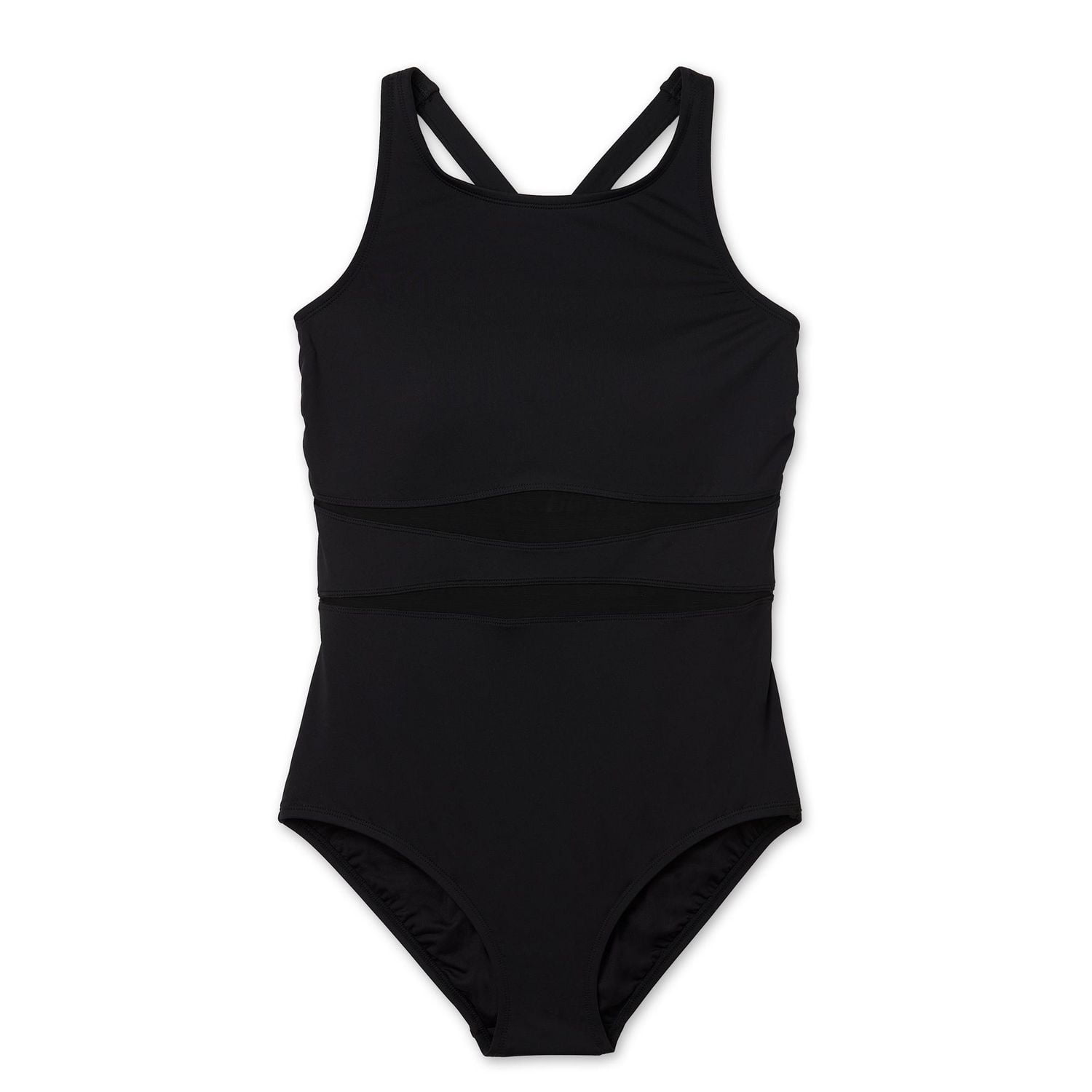 Lands' End Women's Size S-XXL Nylon Spandex High Neck One-Piece Swimsuit with Mesh Detail