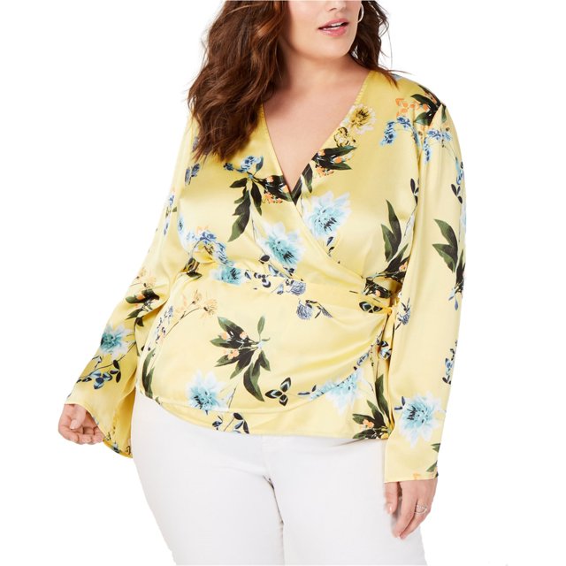 I.N.C Womens Floral Wrap Blouse, Yellow, Plus Size, 3X