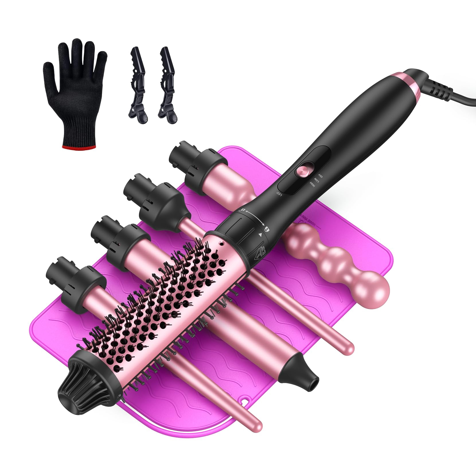 LANDOT 5-in-1 Curling Iron Wand Set: Hair Curler Set with Curling Thermal Brush 1-1/2 inch and 4 Interchangeable Ceramic Curling Wand (0.35&acirc;-1.2