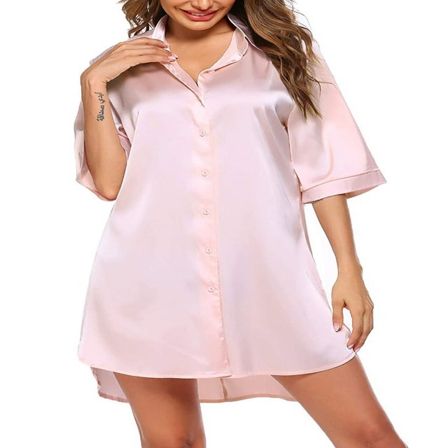 Femmes Satin Chemise de Nuit Bouton vers le Bas V-Cou Sleepwear Robe Bleu L