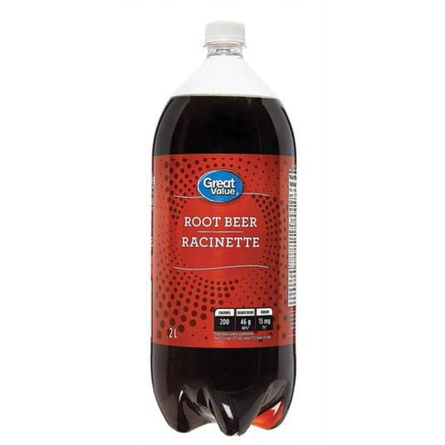 Great Value Root Beer 2L plastic bottle with a red label featuring the Great Value logo and nutrition facts, filled with dark brown fizzy soda known for its classic soda shop flavour, ideal for a refreshing soft drink over ice.