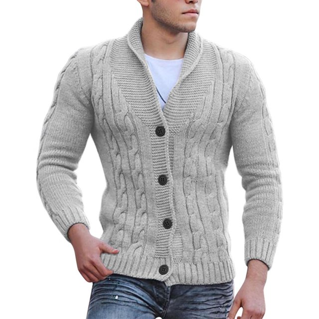 Mens Cable Knit Cardigan Sweater Shawl Collar Loose Fit Long Sleeve Casual Cardigans