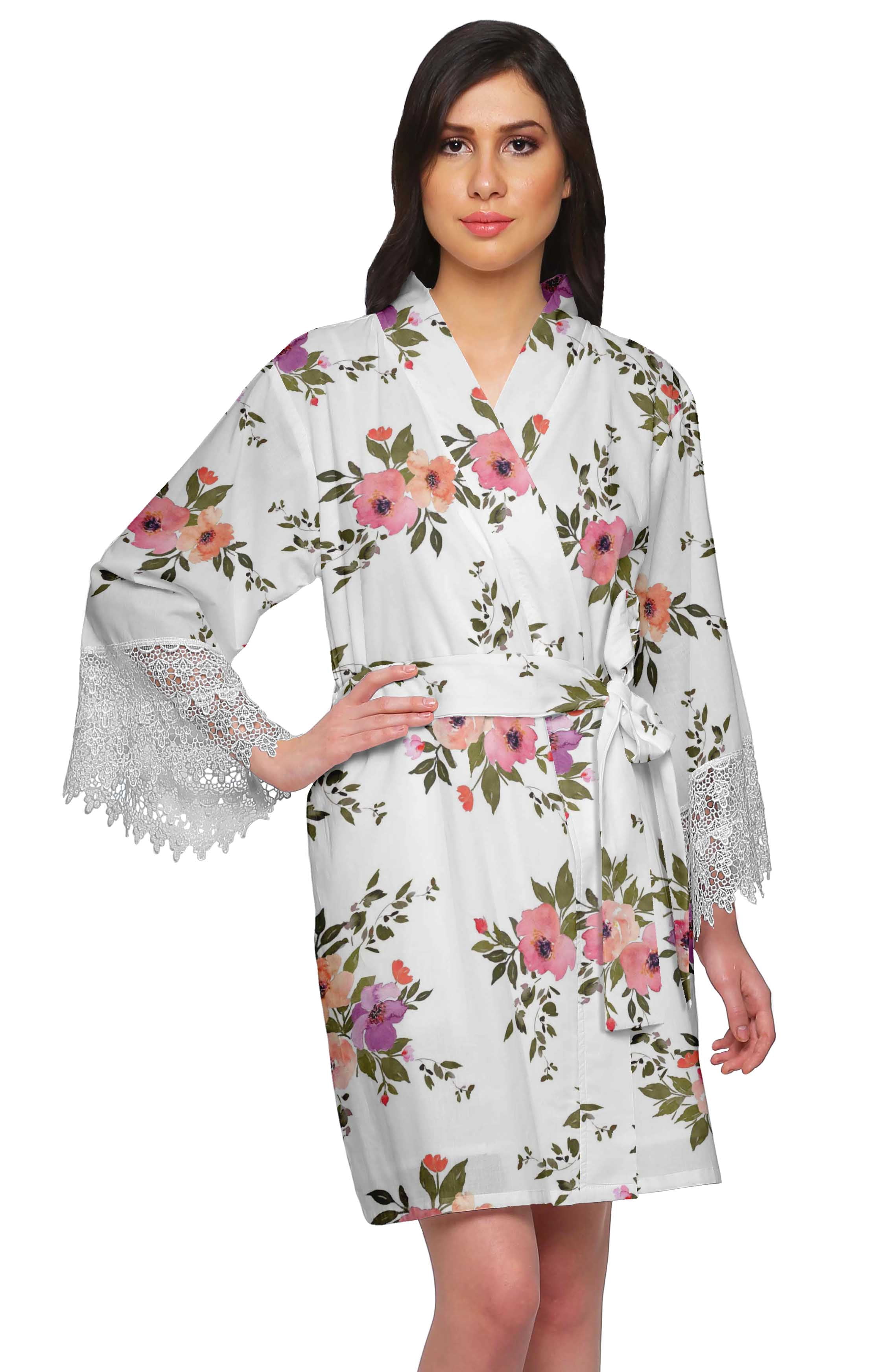 Moomaya Printed Short Robes For Women Cotton Robes For Women With Lace Trim