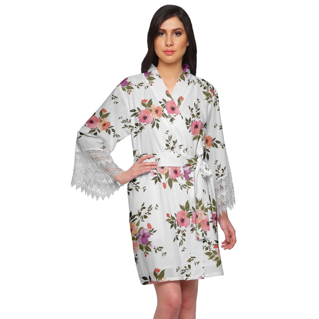 Moomaya Printed Short Robes For Women Cotton Robes For Women With Lace Trim