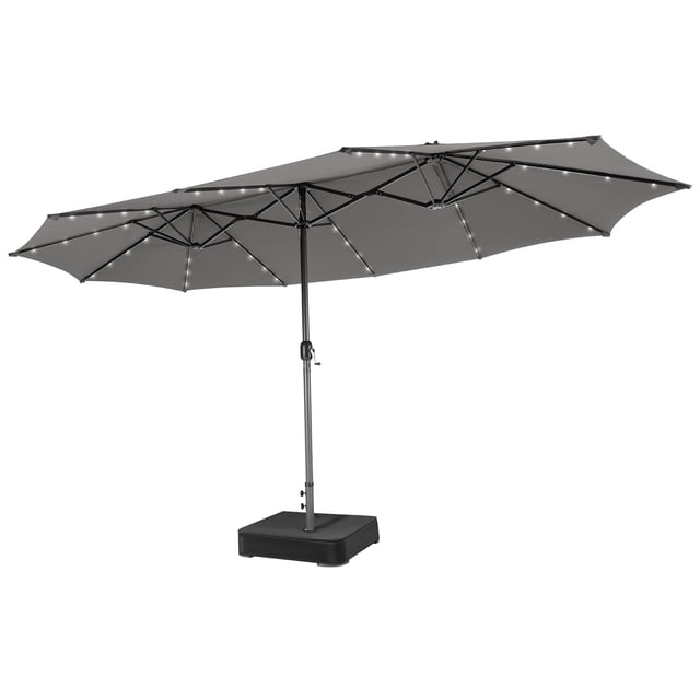 Costway 15Ft Patio Double-Sided Solar LED Market Umbrella Crank 36 Lights Base Grey. This outdoor umbrella features a 15-foot double-sided grey canopy made of fade-resistant polyester, supported by 12 steel ribs and a thick steel pole with a powder-coated finish for durability. It includes 36 solar-powered LED lights, three on each rib, for nighttime use. The umbrella comes with a sturdy base that can hold up to 220 lbs of sand for stability. A crank handle and power switch on the pole allow for easy operation, while a wind vent ensures airflow. Suitable for gardens, backyards, poolside, and beaches.