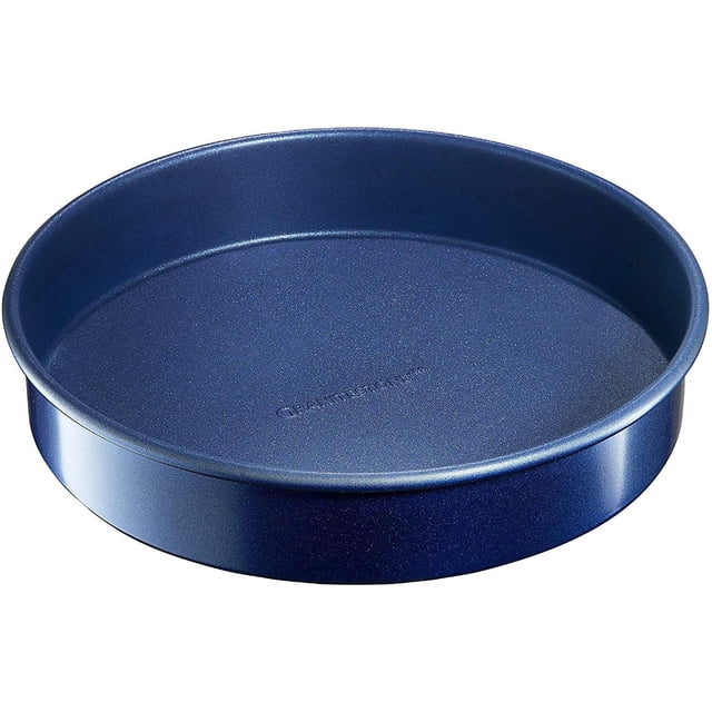 Granitestone Diamond Pro Blue Round Baking Pan 9.5" pro series nonstick aluminum bakeware with triple-layer titanium and diamond-reinforced coating, 9.5 inches diameter and 1.8 inches deep, oven safe to 500°F and dishwasher safe, suitable for baking cakes, pies, and everyday recipes.