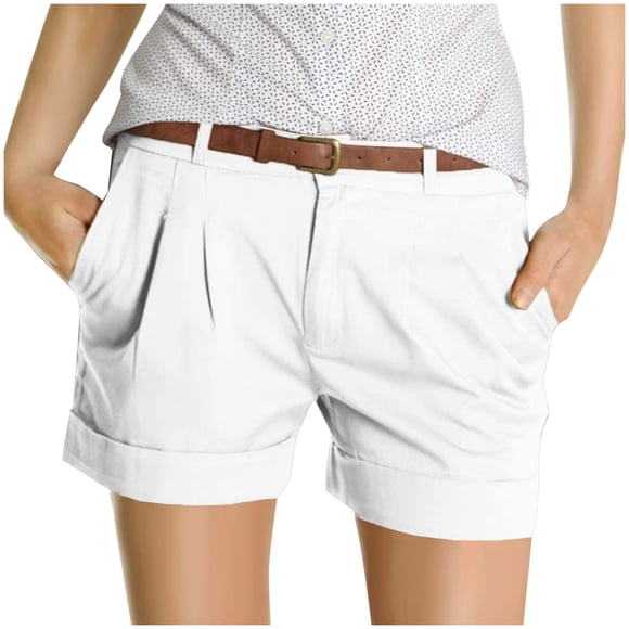 White Biker Shorts Women's Fashion Shorts Short Chino Trousers Pleated Fake Pocket Pants Shorts for Women