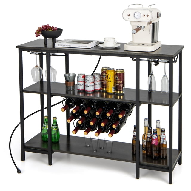 Costway Table de Bar Armoire à Vin Table Casier à Vin pour Boissons Verres avec Prises de Courant Gris