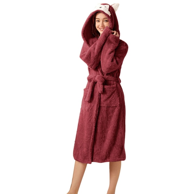Teissuly Peignoirs pour Femmes Mode Allongée Garde au Chaud Col Châle Même Style Pyjama à Capuche Manches Longues Robe de Nuit Unie