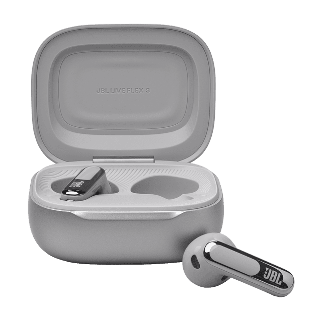 JBL LIVE FLEX 3 Véritables Écouteurs Sans Fil à Réduction de Bruit à Tige Ouverte avec Audio Haute Résolution dans un Étui de Recharge Intelligent Gris Pâle, un Écouteur à l'Intérieur et un à l'Extérieur, Dotés d'Une Tige Noire Lustrée avec logo JBL et Embouts d'Oreille Gris Mat, Adaptés à un Son Immersif et à des Appels Clairs.
