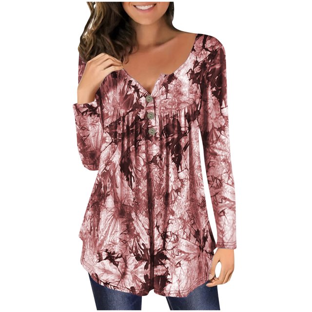 Cameland Ladies' Casual Printed Button Up Long Sleeved Round Neck Pullover Top