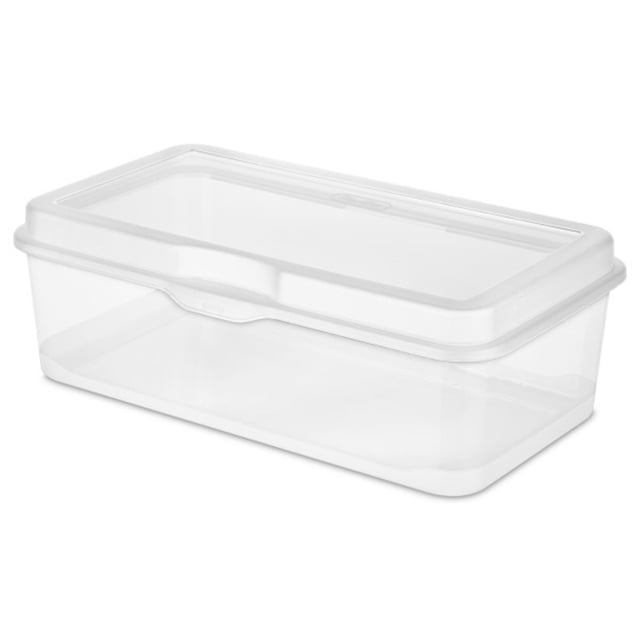 Sterilite Boîte de Rangement en Plastique FlipTop à Loquet, Transparente, Présentée comme une Unité Simple avec Couvercle à Loquet Articulé pour une Fermeture Sécurisée. la Conception Modulaire Permet un Empilage et un Rangement Efficace. Idéale pour Organiser de Petits Articles comme des Accessoires, des Fournitures d'Artisanat Ou des Matériaux de Bureau. une solution Sans Encombrement pour l'Organisation à la Maison. Dimensions : 13.125 x 7.63 x 4.5 Pouces.