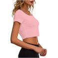 thumbnail image 4 of VSSSJ Hauts Courts pour Femmes Manches Courtes Col Rond Extensible Chandail Décontracté Ajusté Uni Confortable Été Basique T-Shirts Courts Kaki Taille Unique, 4 of 5