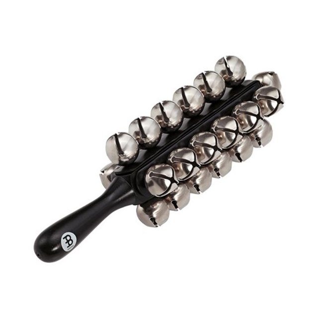 Meinl Percussion SLB25 Hand Sleigh Bells with 25 real steel bells mounted on a solid wood handle. These hand percussion bells deliver an authentic sleigh bell sound, perfect for performances, holiday events, or casual use. The ergonomic black handle ensures comfort and durability, measuring 13 1/4 inches long and weighing 1.85 lbs. Suitable for orchestras, caroling, or festive gatherings.