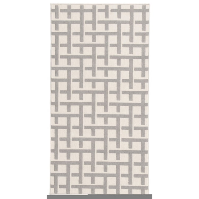 ECARPET Indoor/Outdoor for Balcony, Patio and Garden Villa Light Grey Rug with a rectangular shape featuring a modern geometric pattern of interlocking grey lines on a light grey background, made from durable materials suitable for indoor and outdoor use including patios and balconies, often used as a versatile runner rug.