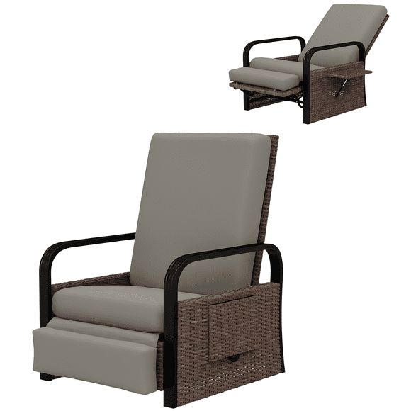 Outsunny Wicker Outdoor Recliner Chair, Lounge Chair with Side Tray, Grey