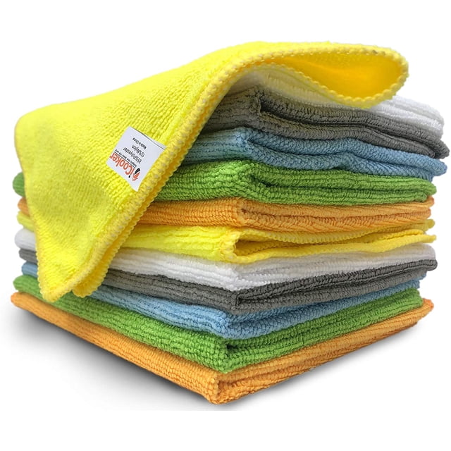 12 Pack Microfiber Cloths Cleaning Supplies by Biinggo, featuring a stack of multi-coloured microfiber cleaning towels in yellow, green, orange, blue, grey, and white. These chemical-free cloths are designed for lint-free cleaning of windows, cars, and kitchens.