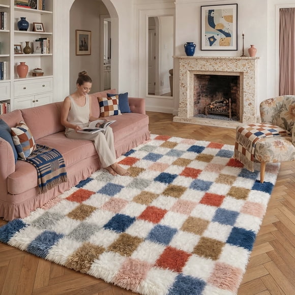 BERTHMEER 8'x10' Shag Area Rugs for Living Room Bedroom Dinning Room Large Plush Pile Soft Fluffy Contemporary Geometric Modern Washable Indoor Carpets Rugs,Multicolor