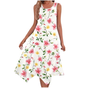 Amzcrzy Dresses for Women Casual Round Neck Sleeveless Summer Dress Flowy Midi Dresses Fashion Floral Dress for Women Beach Vacation Sundress with Pockets