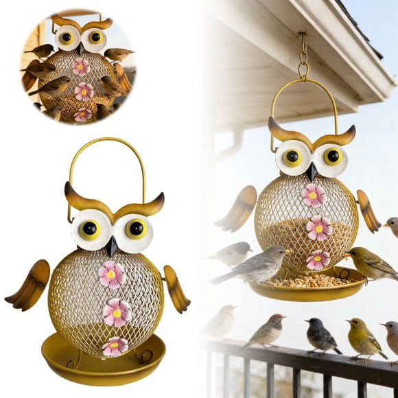 Metal Owl Themed Outdoor Bird Feeder for Garden Courtyard Hanging Stainless Steel Construction