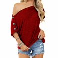 thumbnail image 2 of CHGBMOK Plus Size Womens Tops Fashion Womens Solid Color Off The Shoulder Button Short Sleeve Tops Blouses Summer Beach Tops on Clearance, 2 of 6
