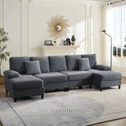Mjkone U-Shaped Sectional Sofa, 4 Seats Corduroy Couch with Double Comfy Chaise for Living Room - Dark Gray