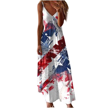 FAVIPT Women's American Flag Dresses Stars and Stripes Print Patriotic Dresses Spaghetti Straps V Neck Long Dress Summer 2025 Red,XXL
