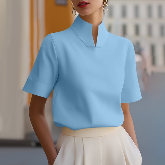 Craaazy Solid Color Notch Stand Collar Short Sleeve Tops for Women, Elegant Business Office Blouses Casual Daily Wear Shirts