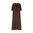 thumbnail image 4 of Pisexur Robes d'Été pour Femmes en Doux Lin-Coton Robes d'Été pour Femmes Décontractées à Col en V Manches 3/4 Robe Maxi Ample Confortable Fluide Robes pour Femmes Couleur Unie à Volants Boho Longues Robes P-2TG Brun, 4 of 5
