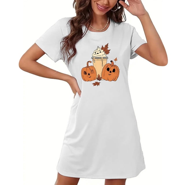 Sakmal Robe de Nuit Courte Moomoos pour Femmes, Sommeil, Grande Taille, Blanche, Confortable, Halloween, Imprimé Citrouille, Manches Courtes, Chemises de Nuit pour Femmes