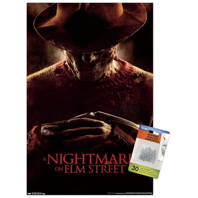 Un Cauchemar sur Elm Street - Affiche Murale 2010, 22,375 Po x 34 Po Présentant une Vue Centrée et Orientée vers l'Avant de Freddy Krueger Portant une fedora Brune et un Chandail Rouge et Vert Usé, Tenant Son Gant à Lame, avec le Titre du Film en Texte Rouge sur un Fond Noir, Idéal pour la Déco Murale de Chambre Ou de Bureau.