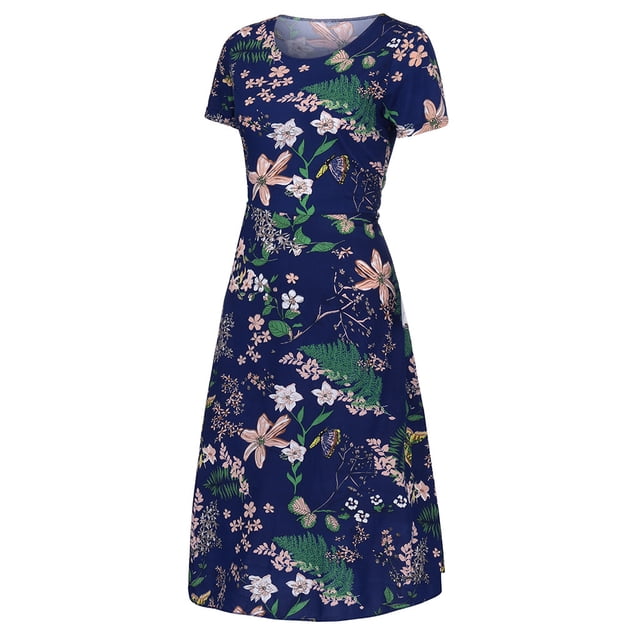 Liquidation! Hontri Robe d'Été pour Femmes, Mi-Mollet, Manches Courtes, Plage, Imprimée, Robe Décontractée pour Femmes, Bleu Foncé, TTG