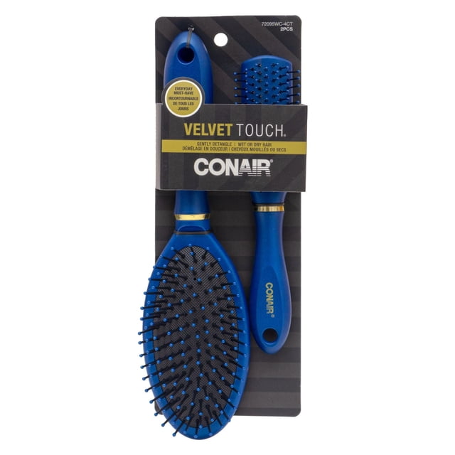 Conair Velvet Touch 2 pk Cushion & Mini Brush set with full-size blue cushion brush and mid-size blue mini brush featuring ball-tipped nylon bristles for gentle detangling of wet or dry hair, displayed on black and gray striped packaging with gold and white text, ideal for everyday styling and travel.