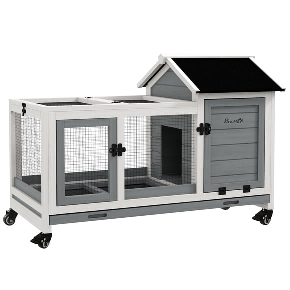 PawHut Clapier pour Lapin avec Roues, Rampe, Enclos, Plateau, Gris