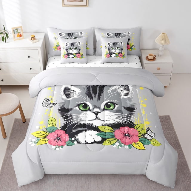 YST Girls Comforter Set King Size 7 Piece,Floral Cat Bedding Set With Sheet Set,Flower Butterfly Bed In A Bag With Throw Pillow Covers,Reversible Cute Animal Bed Set