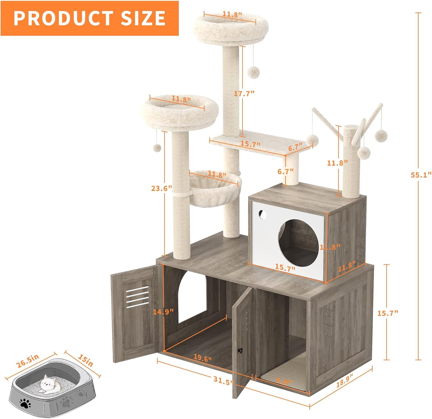 OUYAWEI Cat Tree with Litter Box Enclosure Wooden Condo Platform Hammock Pompoms Scratching Posts All-in-One Gray