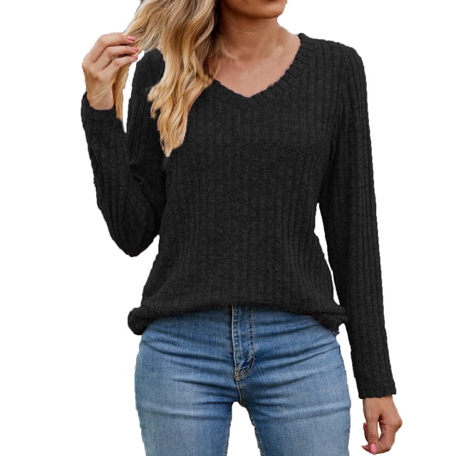 vdgthytj Chandails pour Femmes à Manches Longues Mode d'Automne Col en V Hauts Tricotés Confort Doux Chandails de Base