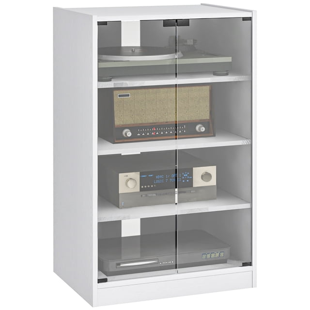 HOMCOM Meuble Multimédia à 5 Niveaux avec Tablettes Réglables à 3 Niveaux en Fini Blanc Vieilli. Comprend un Cadre en Panneau de Particules avec un Motif grain de Bois et des Portes en Verre Trempé. Comprend Cinq Tablettes pour Ranger des Appareils Multimédias, des Livres Ou de la Déco, avec des Tablettes Supérieures et Inférieures Ajustables. des Trous de Gestion des Câbles à l'Arrière Gardent les Fils Organisés. Loquet de Porte à Pousser pour Ouvrir et Dispositif Anti-Basculement pour une Sécurité Accrue. Dimensions : 21,3 Pouces de Large, 15,7 Pouces de Profondeur et 35,8 Pouces