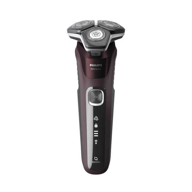 Philips Shaver Series 5000, Wet & Dry Shaver, S5881/10 with three rotary shaving heads on a dark burgundy body, power button, and LED display showing battery, lock, and SkinIQ icons, providing up to 60 minutes cordless shaving and adaptable for wet or dry use.