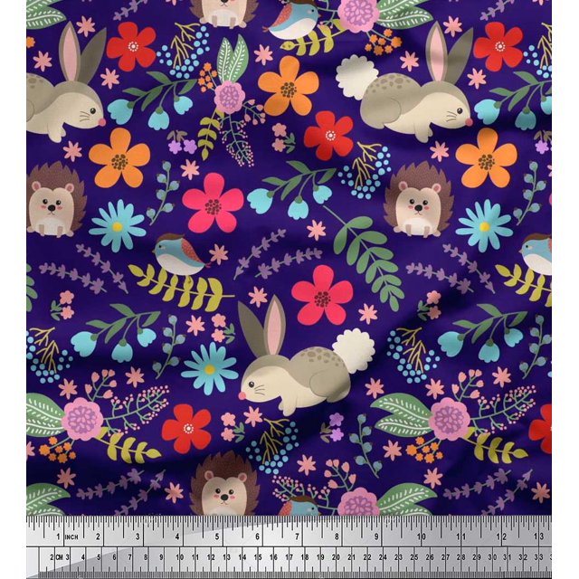 Soimoi Polyester Crepe Fabric Floral,Rabbit & Porcupine Cartoon Printed Fabric 1 Yard 52 Inch Wide