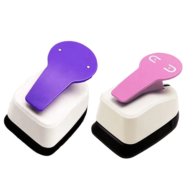 Diy Earring Hole Puncher Earring Card Hole Punch Scrapbooking Paper Punch Earring Card Punch Hole Puncher. A set of two earring card hole punchers with mixed colors, featuring a purple and a pink handle on a white plastic base. Designed for creating precise holes in earring cards, suitable for DIY projects and scrapbooking. Compact and lightweight for easy handling.