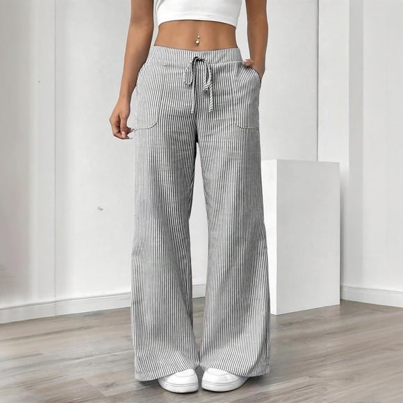 Nfurl Pantalon en Coton et Lin à Rayures pour Femme, Pantalon d'Été pour Voyage, Vacances, Plage, Jambe Droite, Pantalon Habillé Décontracté avec Poches, Pantalon en Lin pour Femme, Gris m