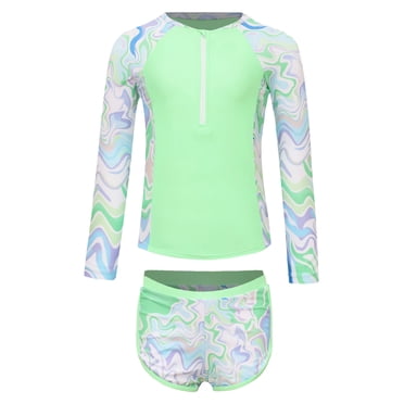 Moggemol Littl E Big Girls Floral 2 Pcs Rash Guard Sets Zip Neck Swim Shirts With Shorts Swimsuits Fluorescent Green 9Y