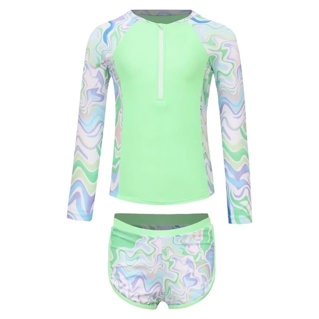 Xnihocha Littl E Big Girls Floral 2 Pcs Rash Guard Sets Zip Neck Swim Shirts With Shorts Swimsuits Fluorescent Green 9Y
