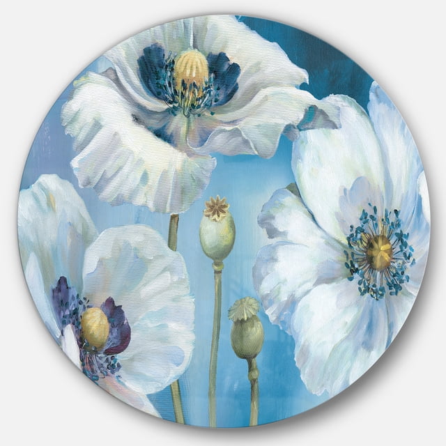 Designart 'Handpainted White Flower on Blue II' Farmhouse Metal Circle Wall Art