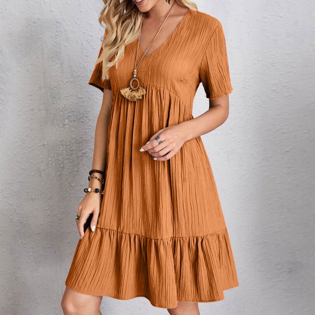 Ovzne Robes d'Été pour Femmes Robe de Plage Mode Femmes Été Décontractée Col en V Manches Courtes Robe Mini Robe Grande Taille Manches Courtes Liquidation