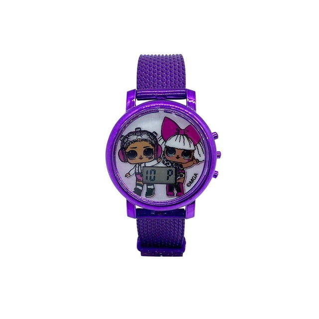 LOL Surprise Girls digital Watch with Flashing dial and hanging charm front-facing view showing a purple metallic plastic adjustable strap with metal buckle, plastic case and back, easy-to-read digital display with colored flashing lights and a dangling charm; battery included, age 6+.